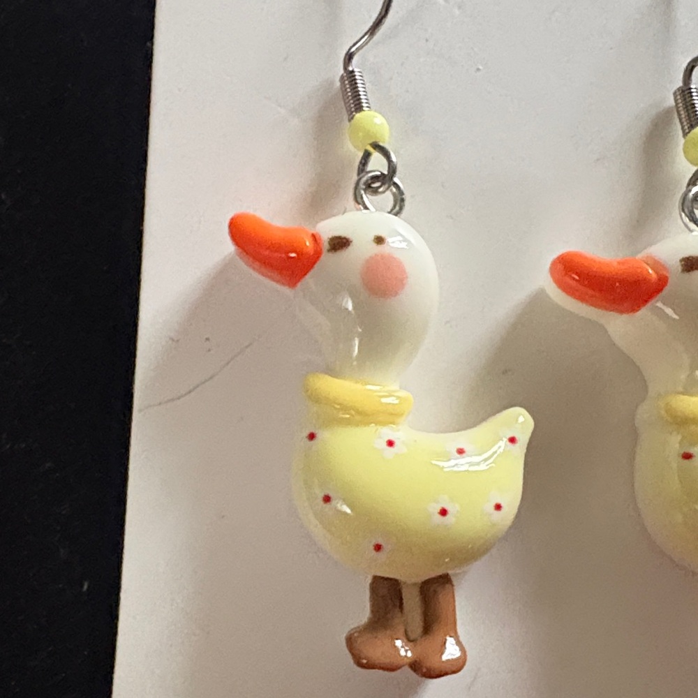 Handmade Yellow Duck Drop Earrings with Orange Beak - Picture 2 of 3